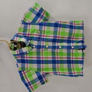 Mayoral baby Boys 12M Plaid Cotton  Short Sleeve Button Down Shirt Blue Green
